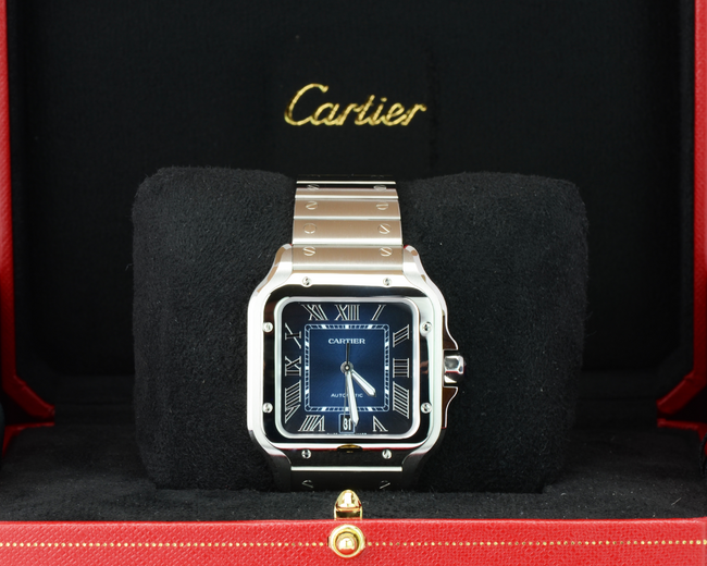 New Cartier Santos WSSA0030 Blue Roman Dial Steel Bracelet 2022+ Full Set
